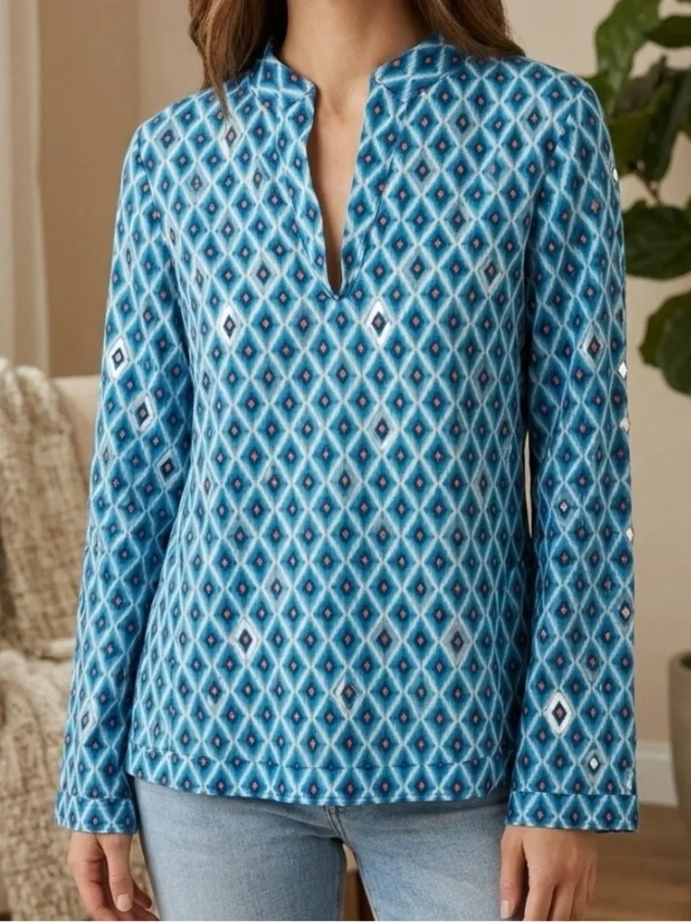 TORY BURCH Diamond-Print Notch V-Neck Tunic Top
